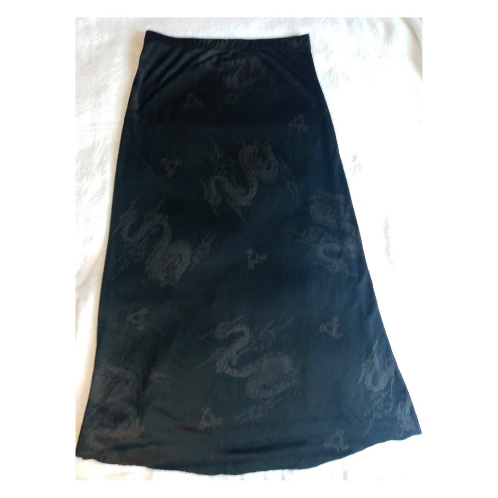 Womens 1990s thin maxi dragon skirt, shortened to 32 inches, stretch band waist